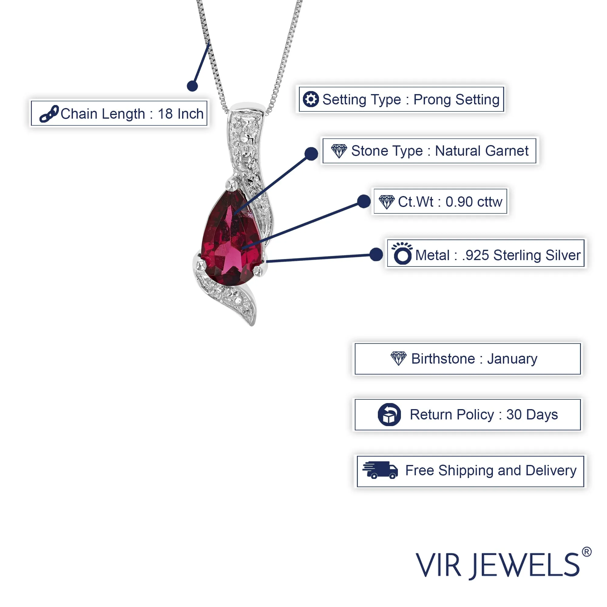 0.90 cttw Garnet Pendant Necklace .925 Sterling Silver With Rhodium 8x6 MM Pear