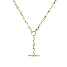 14k Large Square Oval Chain Pavé Diamond Faux Toggle Lariat Necklace