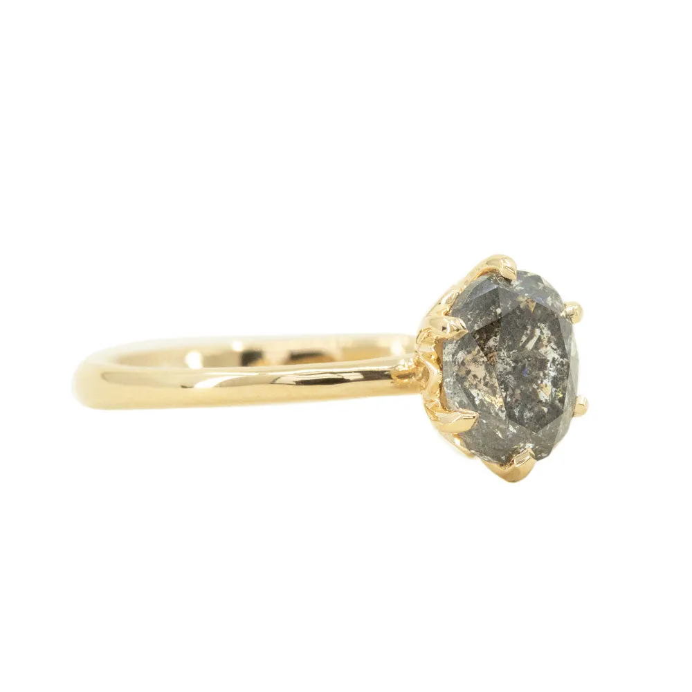 1.57ct Dark Oval Salt and Pepper Diamond in 14k Yellow gold Lotus Six Prong Solitaire