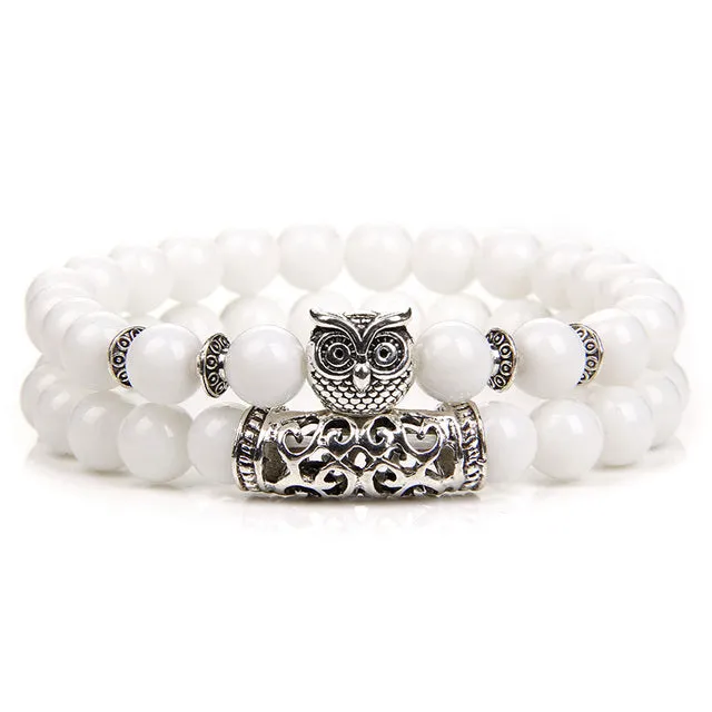 2 Pc 8mm White Jade Owl Bead Bracelet