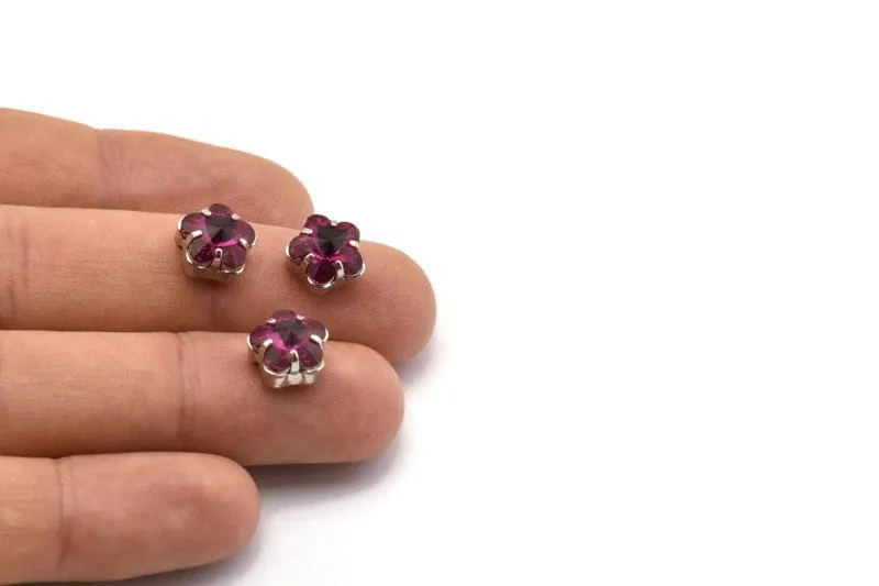 4 Silver Brass Fuchsia Flower Swarovski Rhinestone Prong Setting 10mm Y269 Y261