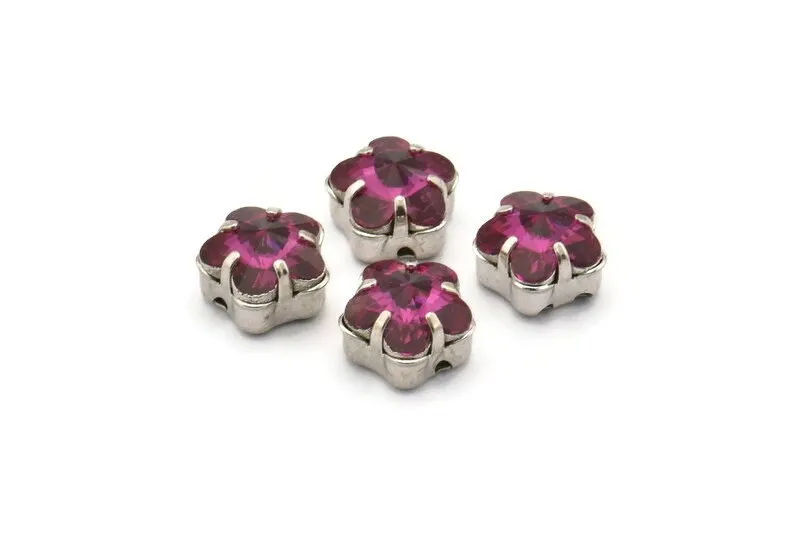 4 Silver Brass Fuchsia Flower Swarovski Rhinestone Prong Setting 10mm Y269 Y261