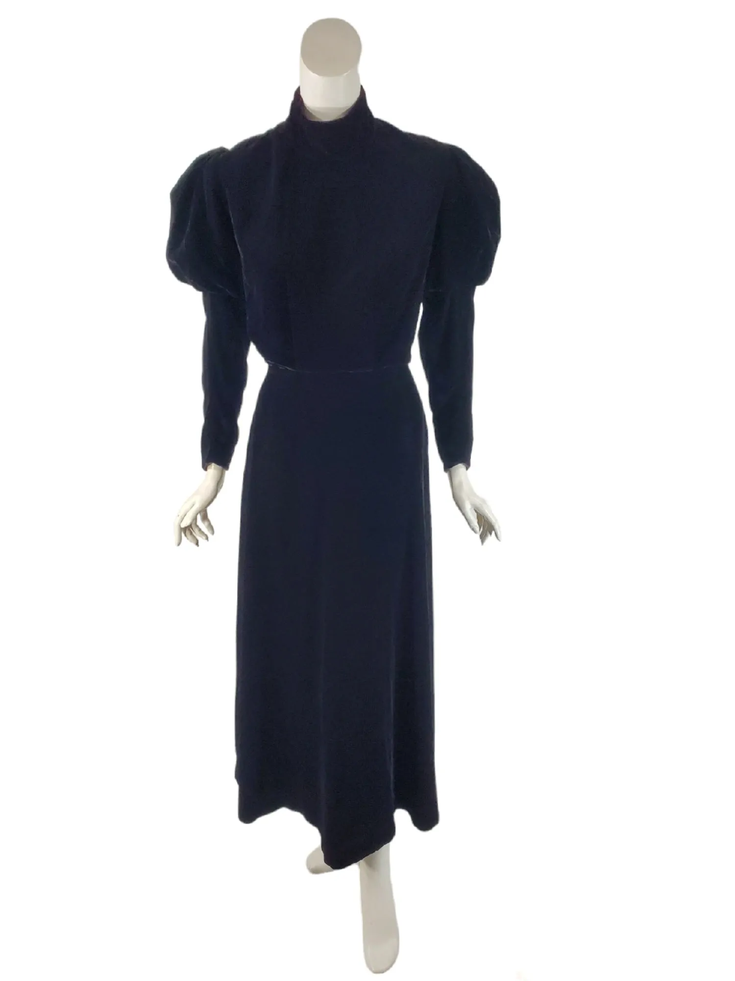 80s Does Edwardian Black Velvet Maxi Dress or Gown - med