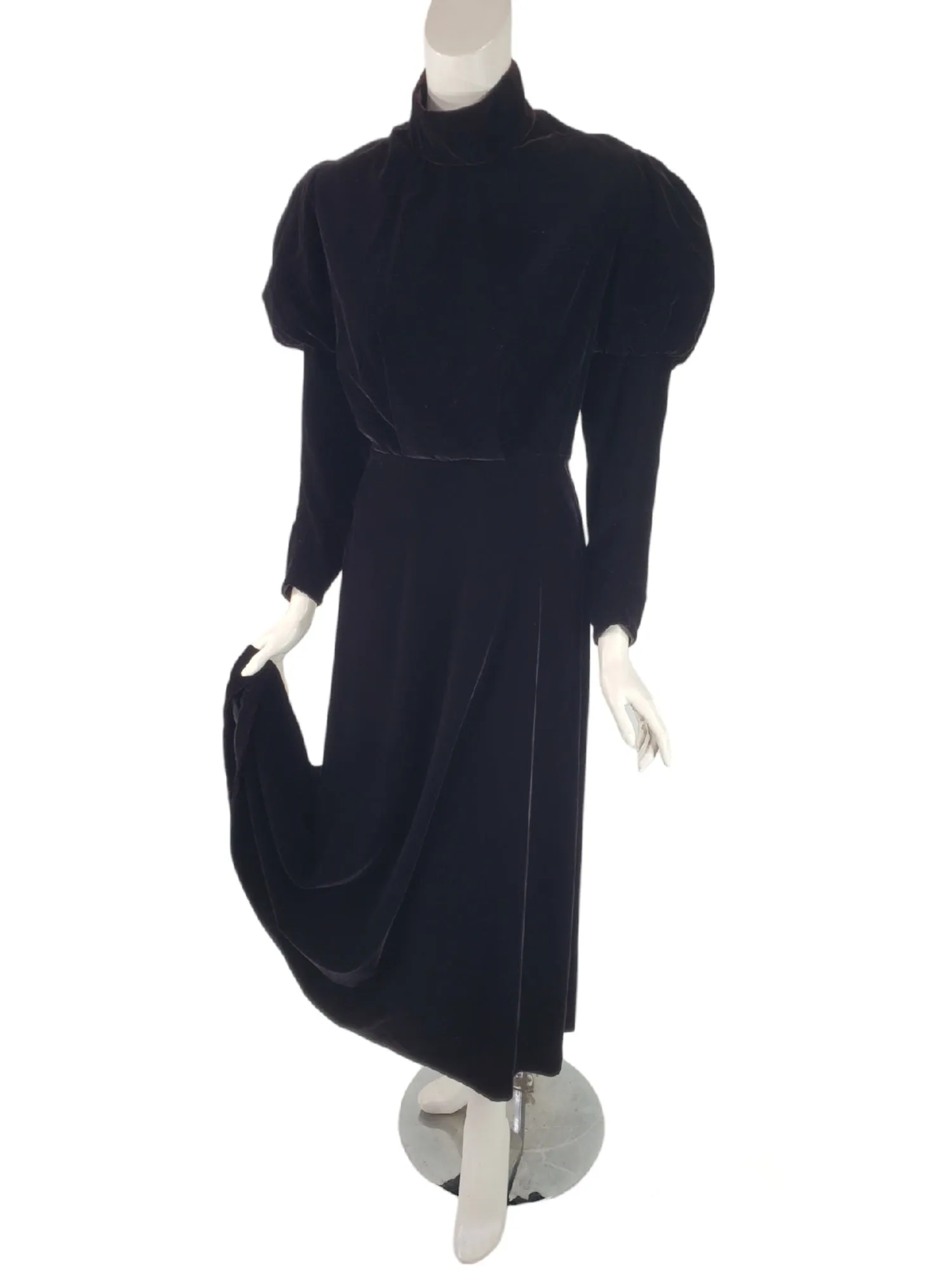 80s Does Edwardian Black Velvet Maxi Dress or Gown - med