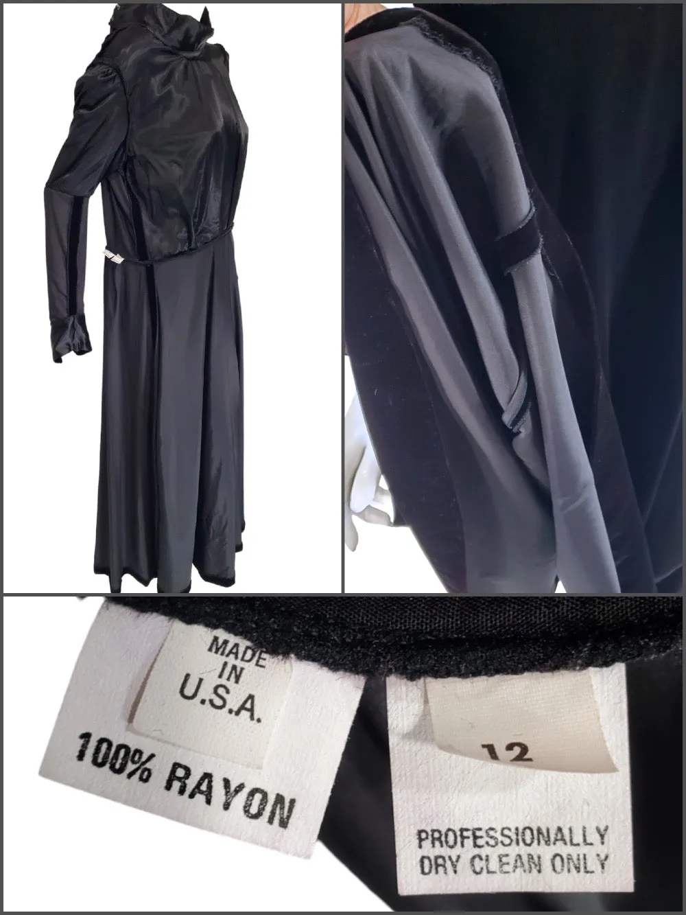 80s Does Edwardian Black Velvet Maxi Dress or Gown - med