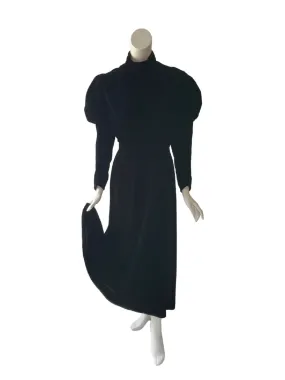 80s Does Edwardian Black Velvet Maxi Dress or Gown - med