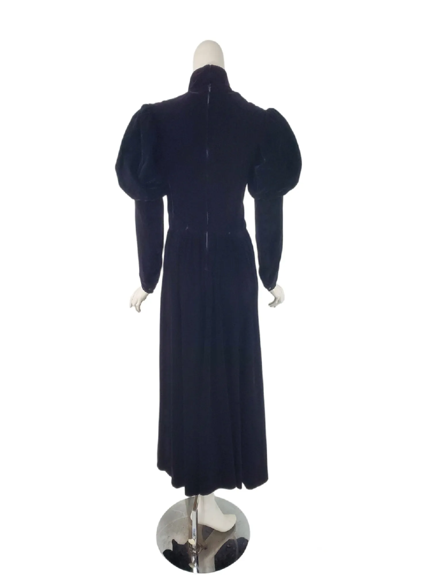 80s Does Edwardian Black Velvet Maxi Dress or Gown - med