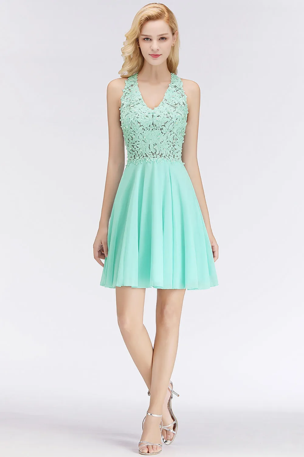 A-Line V-Neck Lace Sleeveless Short Bridesmaid Dress