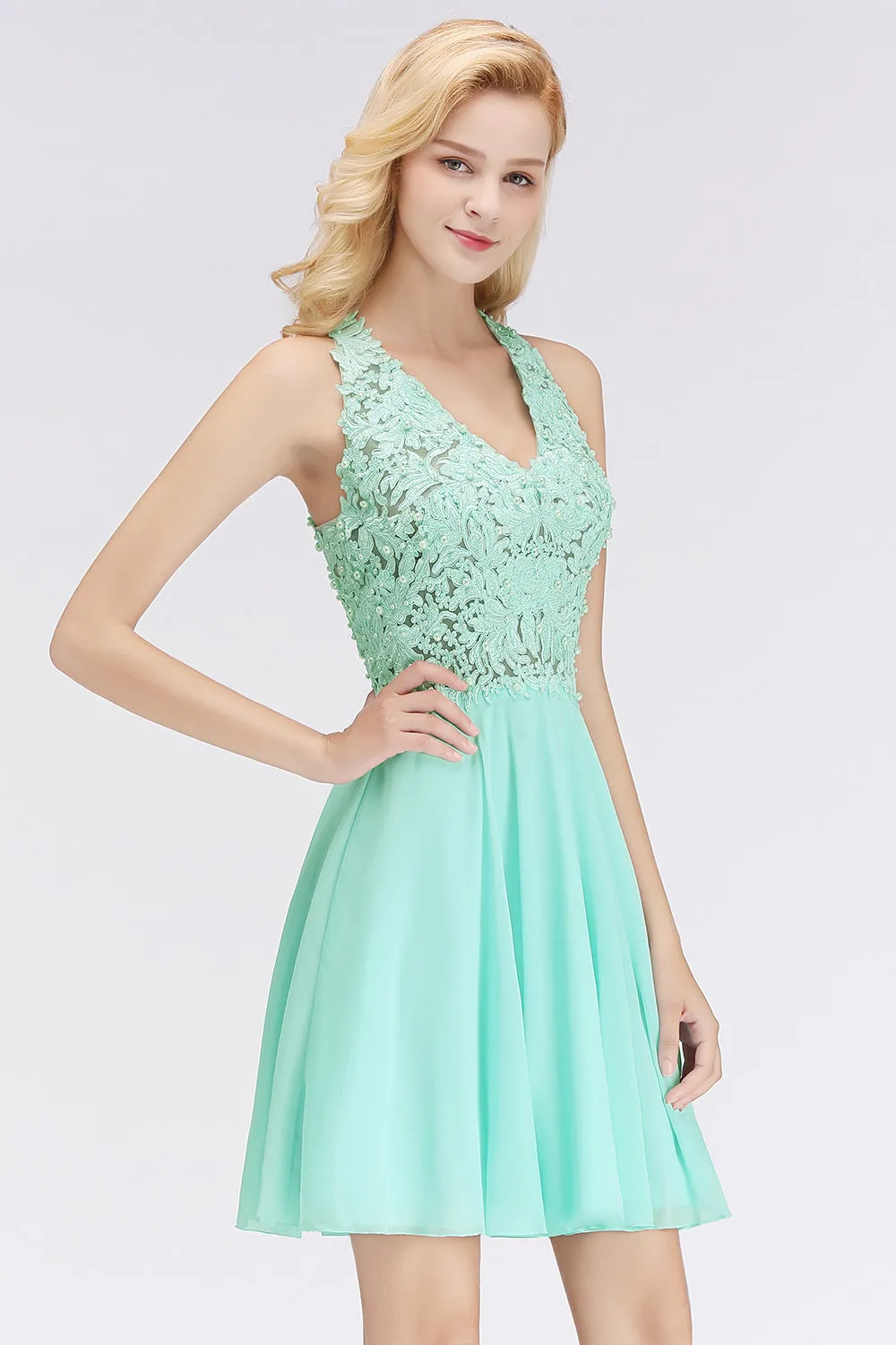 A-Line V-Neck Lace Sleeveless Short Bridesmaid Dress