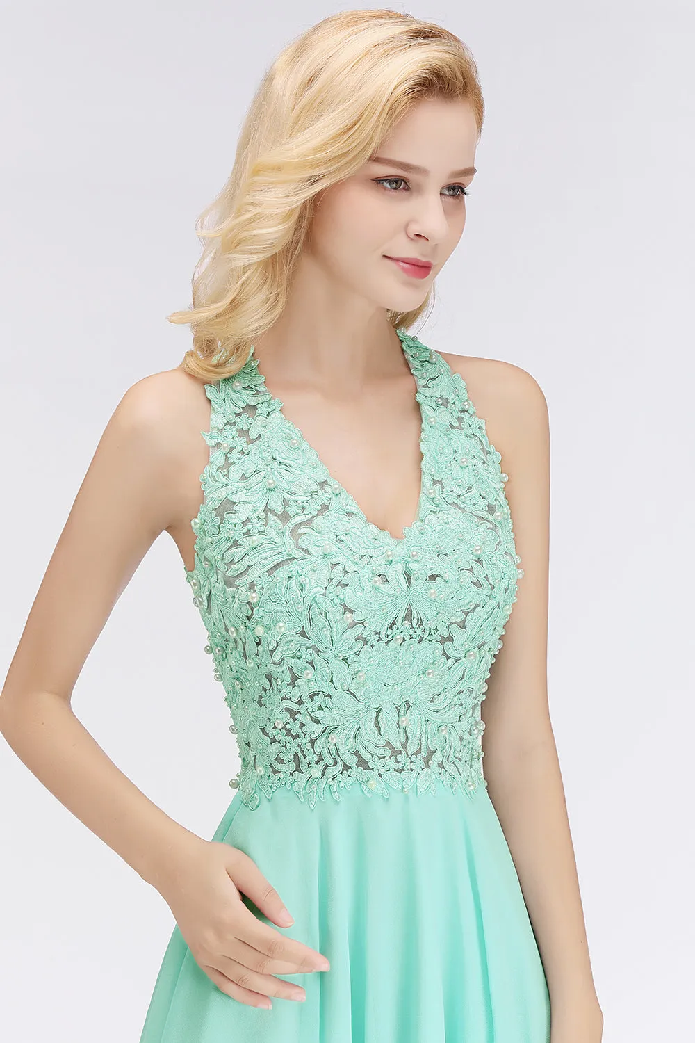 A-Line V-Neck Lace Sleeveless Short Bridesmaid Dress