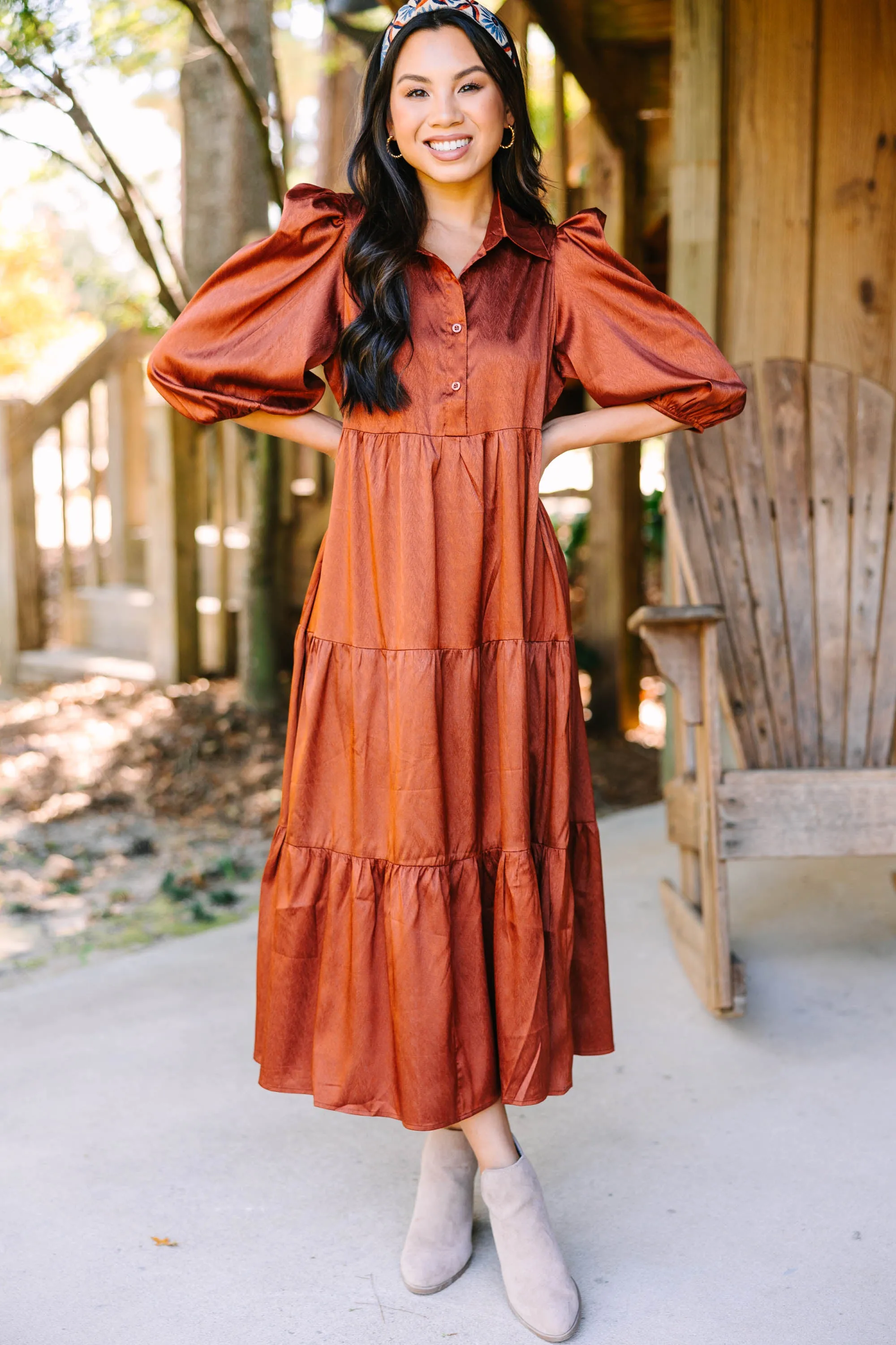 All The Love Camel Brown Satin Midi Dress