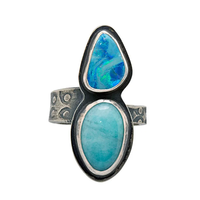 Amazonite and Lightening Ridge Opal Ring - size 7