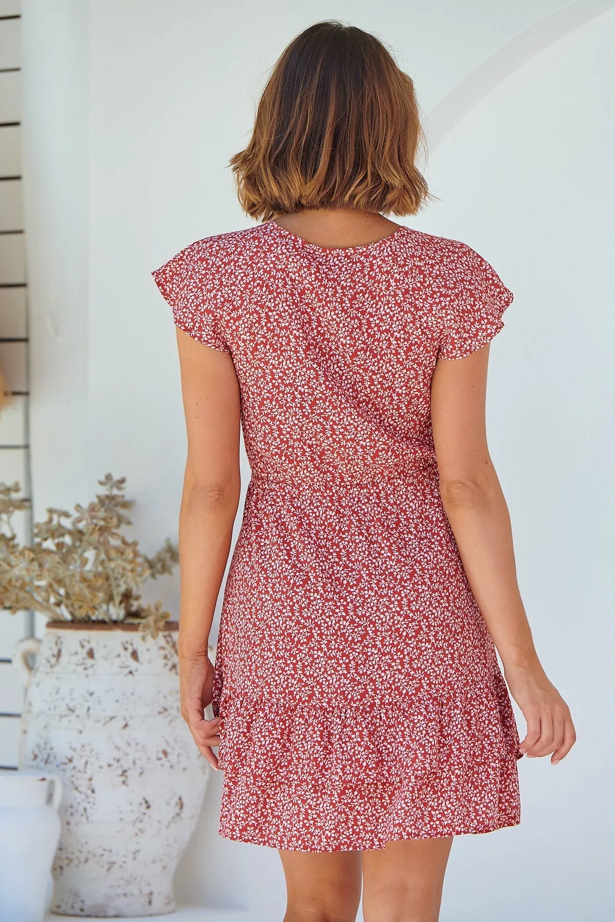 Amerella Button Red Floral Print Summer Dress