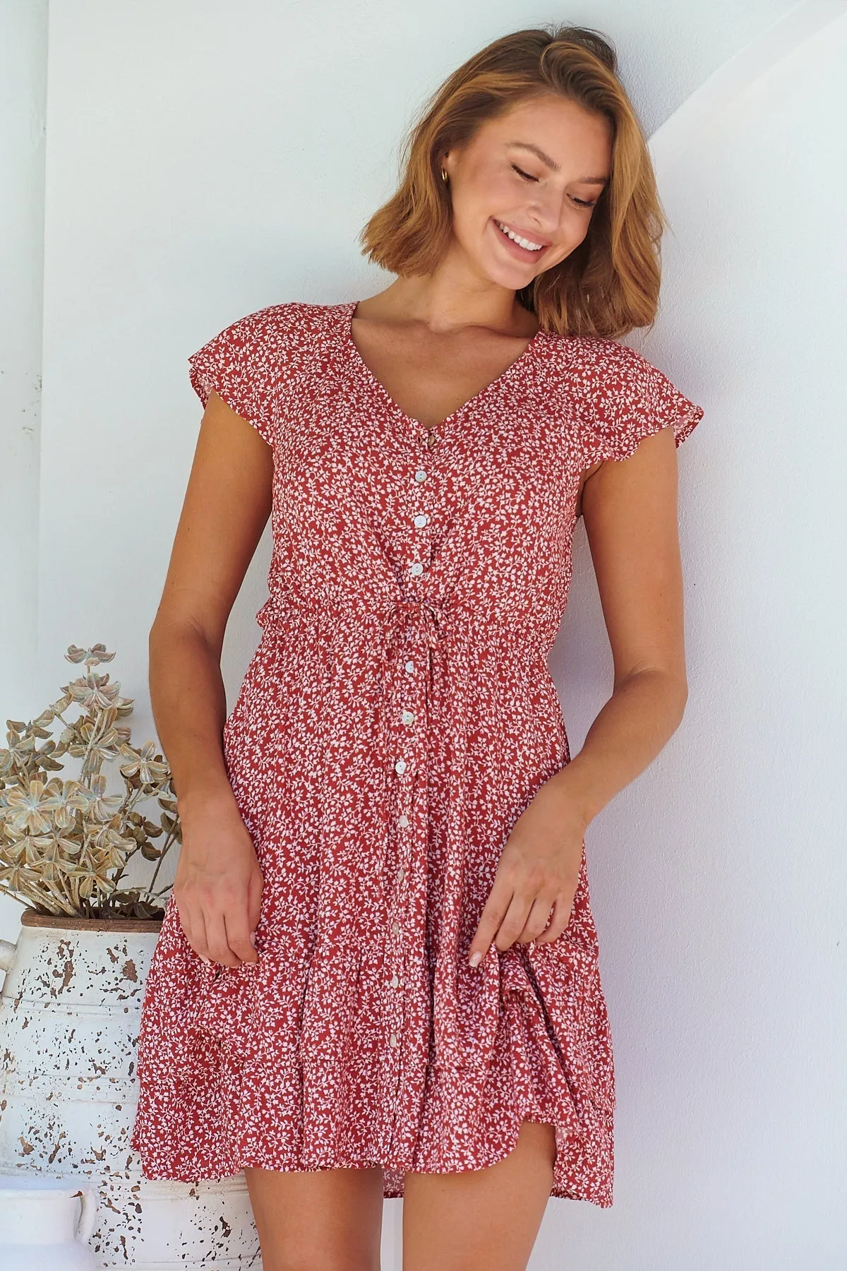 Amerella Button Red Floral Print Summer Dress