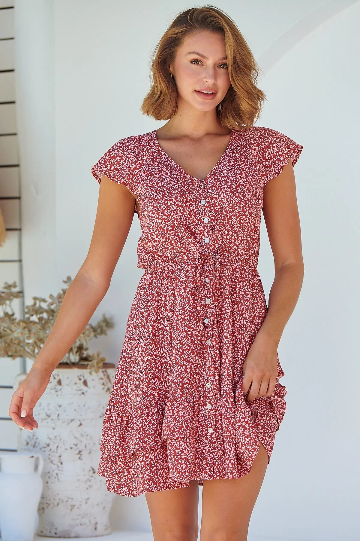 Amerella Button Red Floral Print Summer Dress