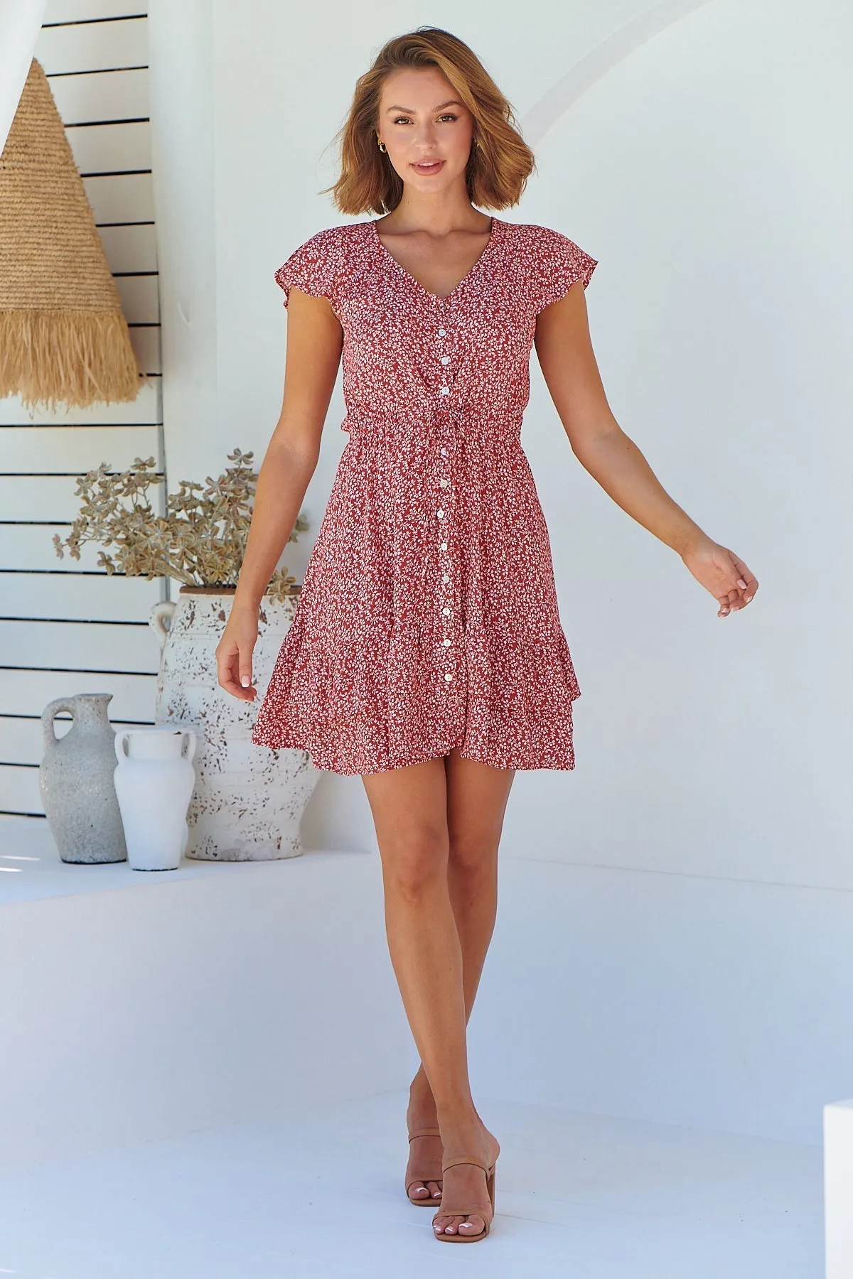 Amerella Button Red Floral Print Summer Dress