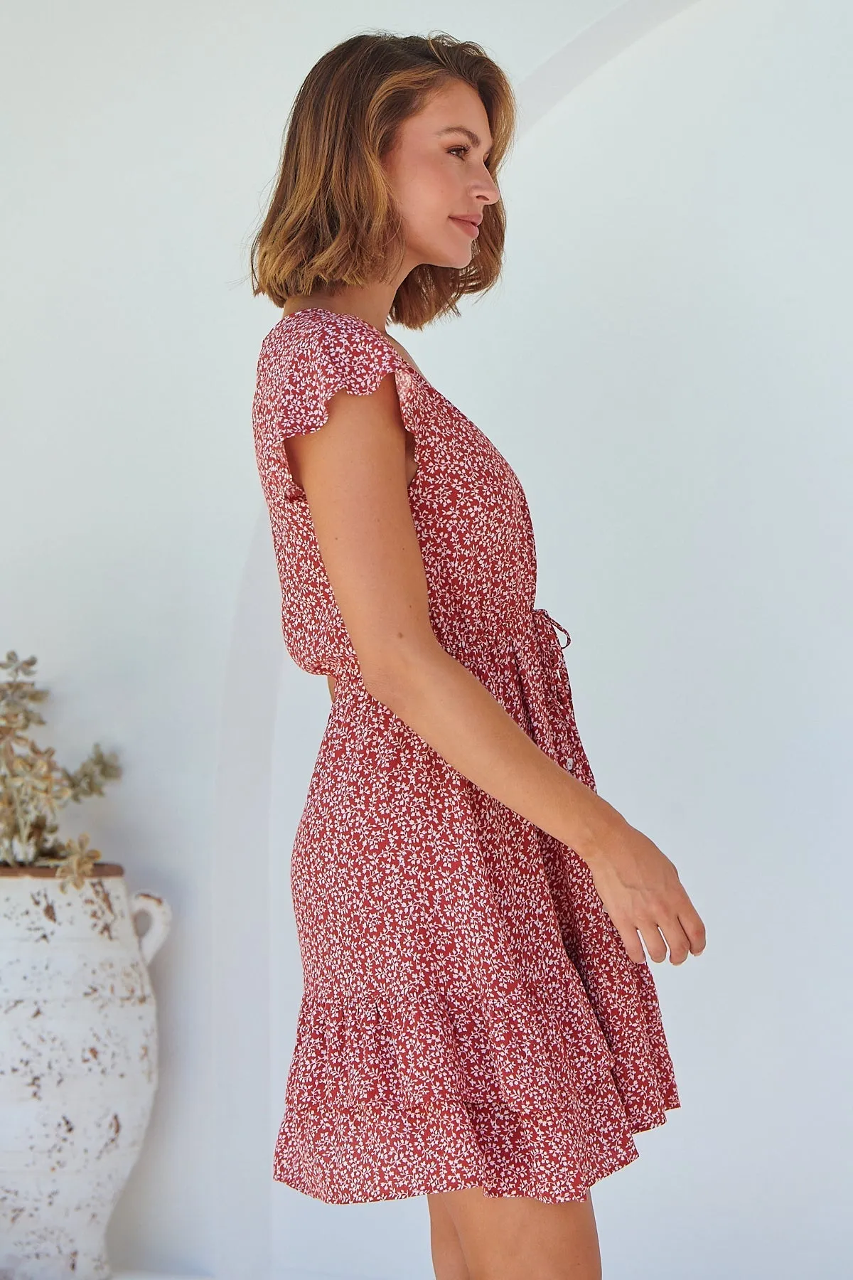 Amerella Button Red Floral Print Summer Dress