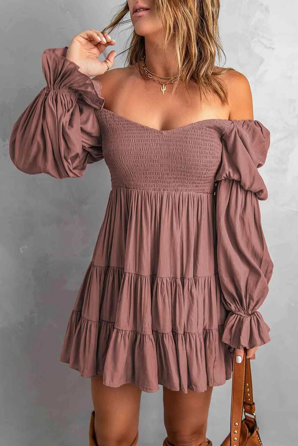 Andrea Smocked Off-Shoulder Tiered Mini Dress