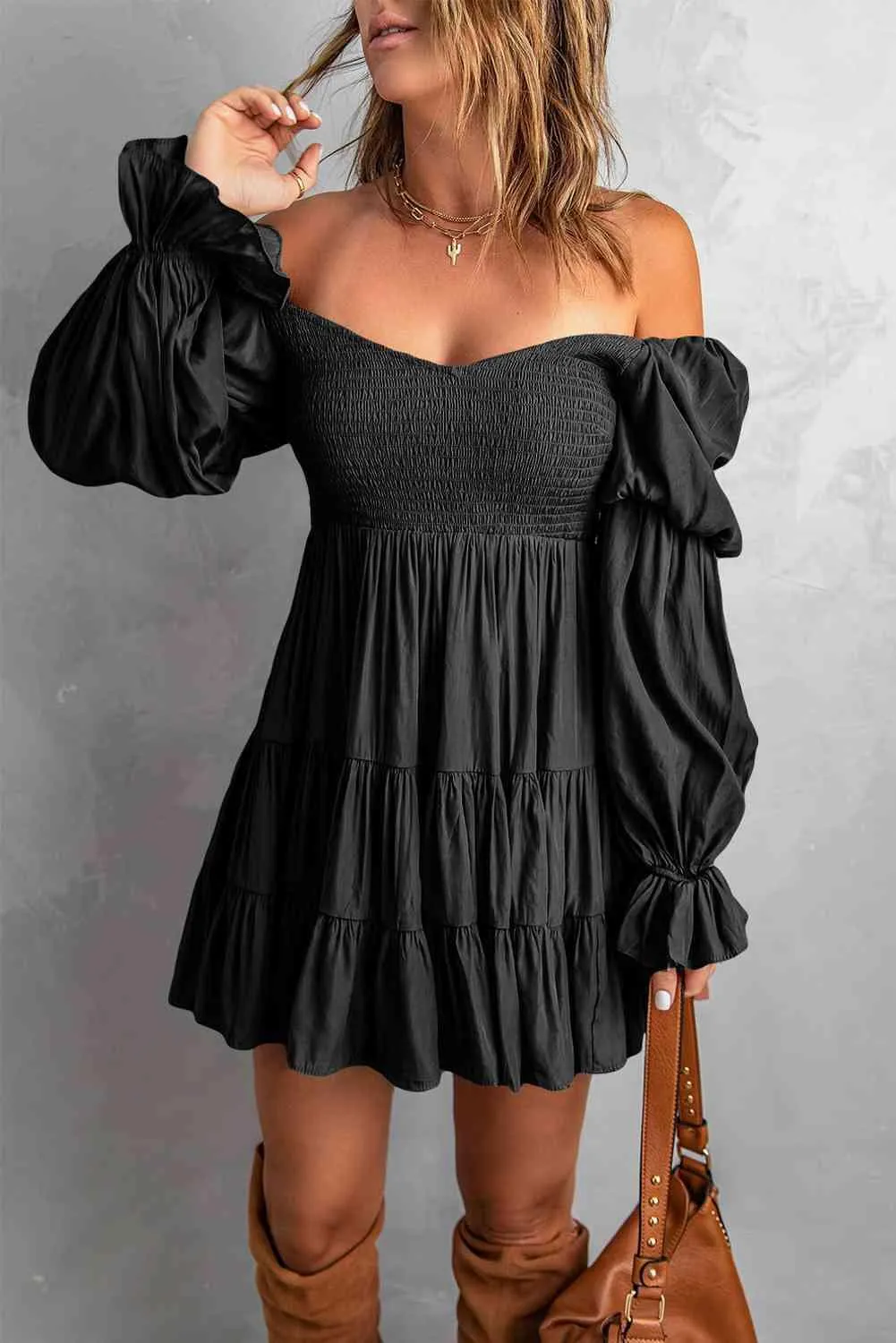 Andrea Smocked Off-Shoulder Tiered Mini Dress