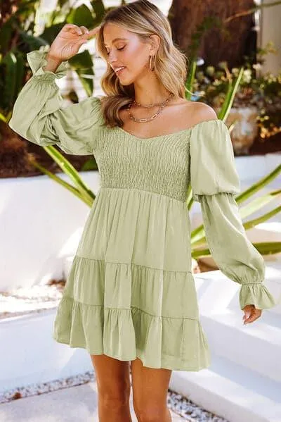 Andrea Smocked Off-Shoulder Tiered Mini Dress