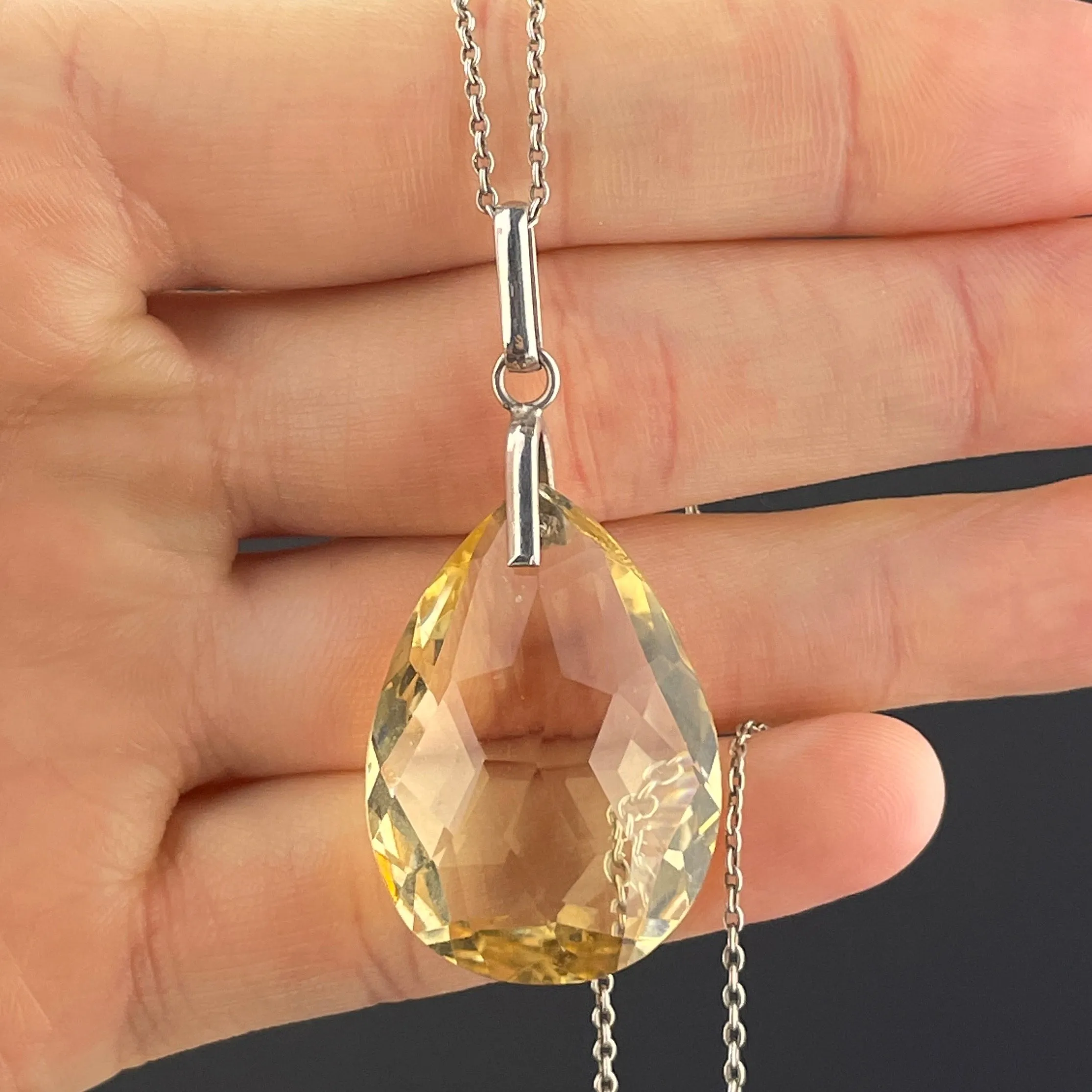 Art Deco Silver Citrine Teardrop Pendant Necklace