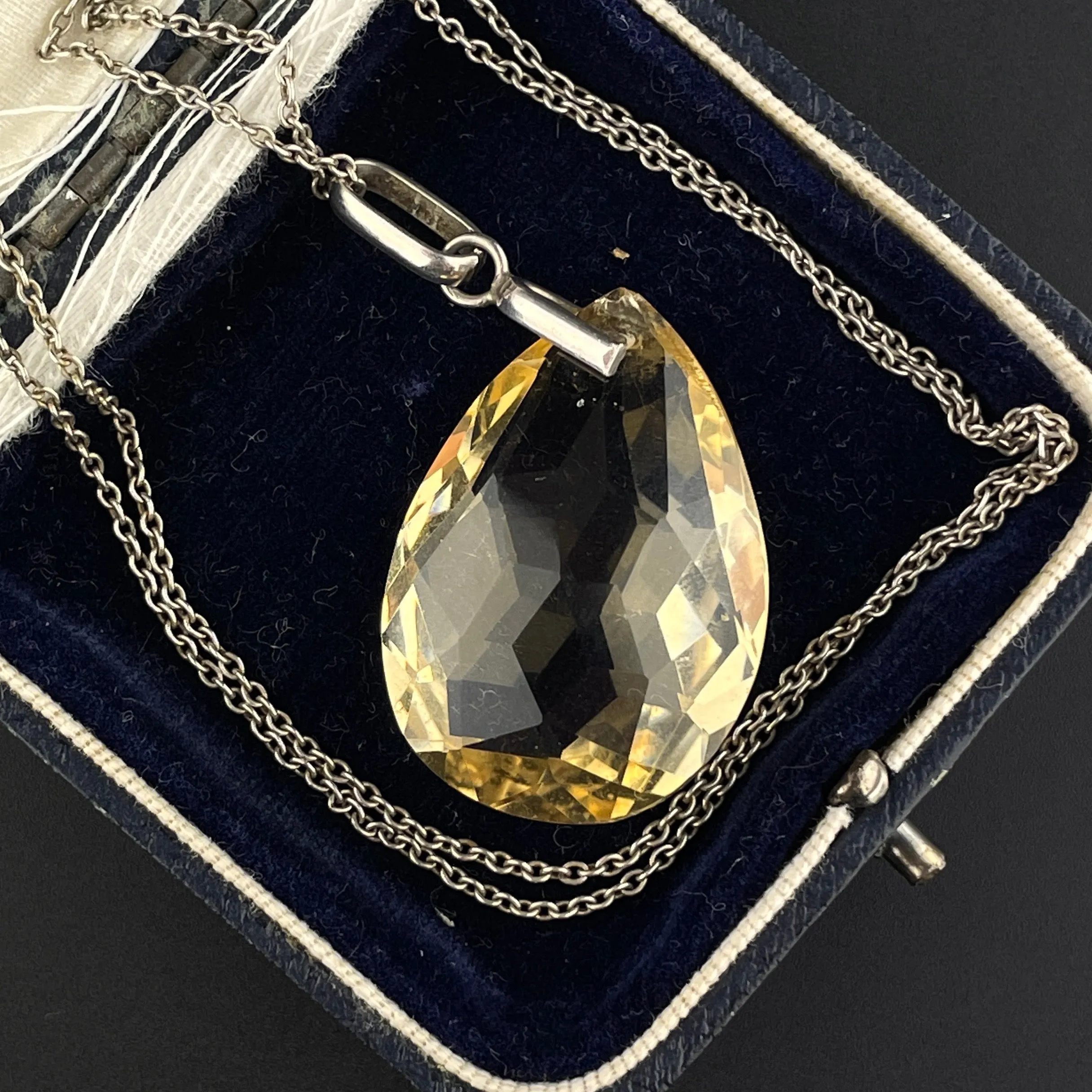 Art Deco Silver Citrine Teardrop Pendant Necklace