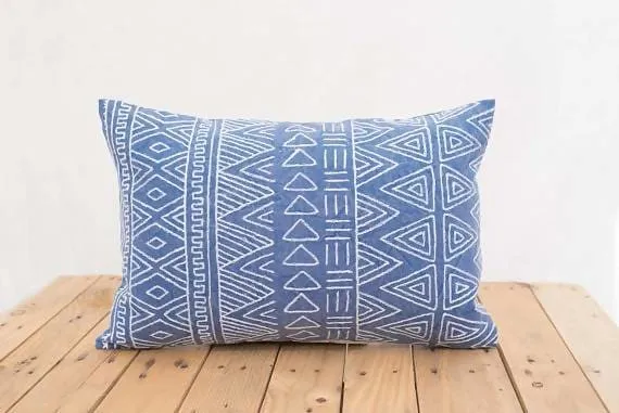 Aztec pattern pillow cover, blue colour, embroidery, geometrical, cotton pillow cover,14"X21"