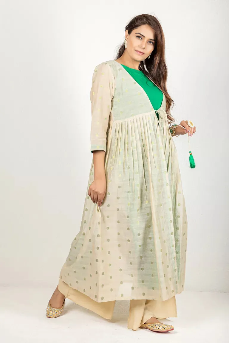 Beige & Deep Green Chanderi & Cotton Flax Kurta