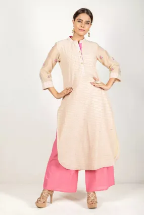 Beige & Pink Chanderi Woven Checked Kurta