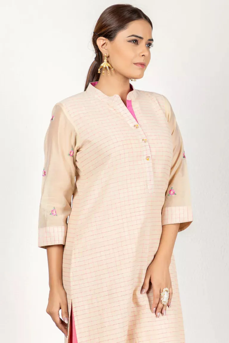 Beige & Pink Chanderi Woven Checked Kurta