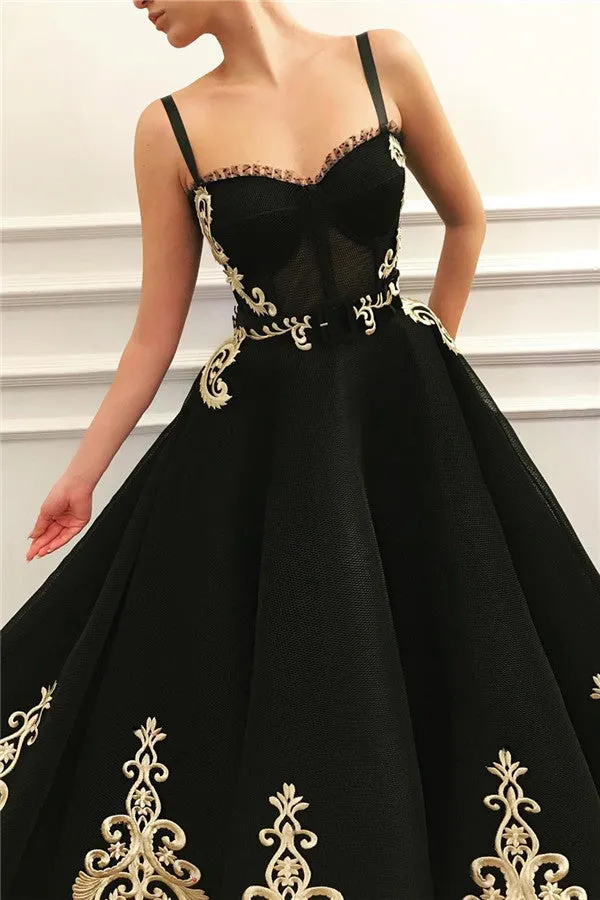 Black Long A-line Sweetheart Tulle Black Prom Dress with Pockets