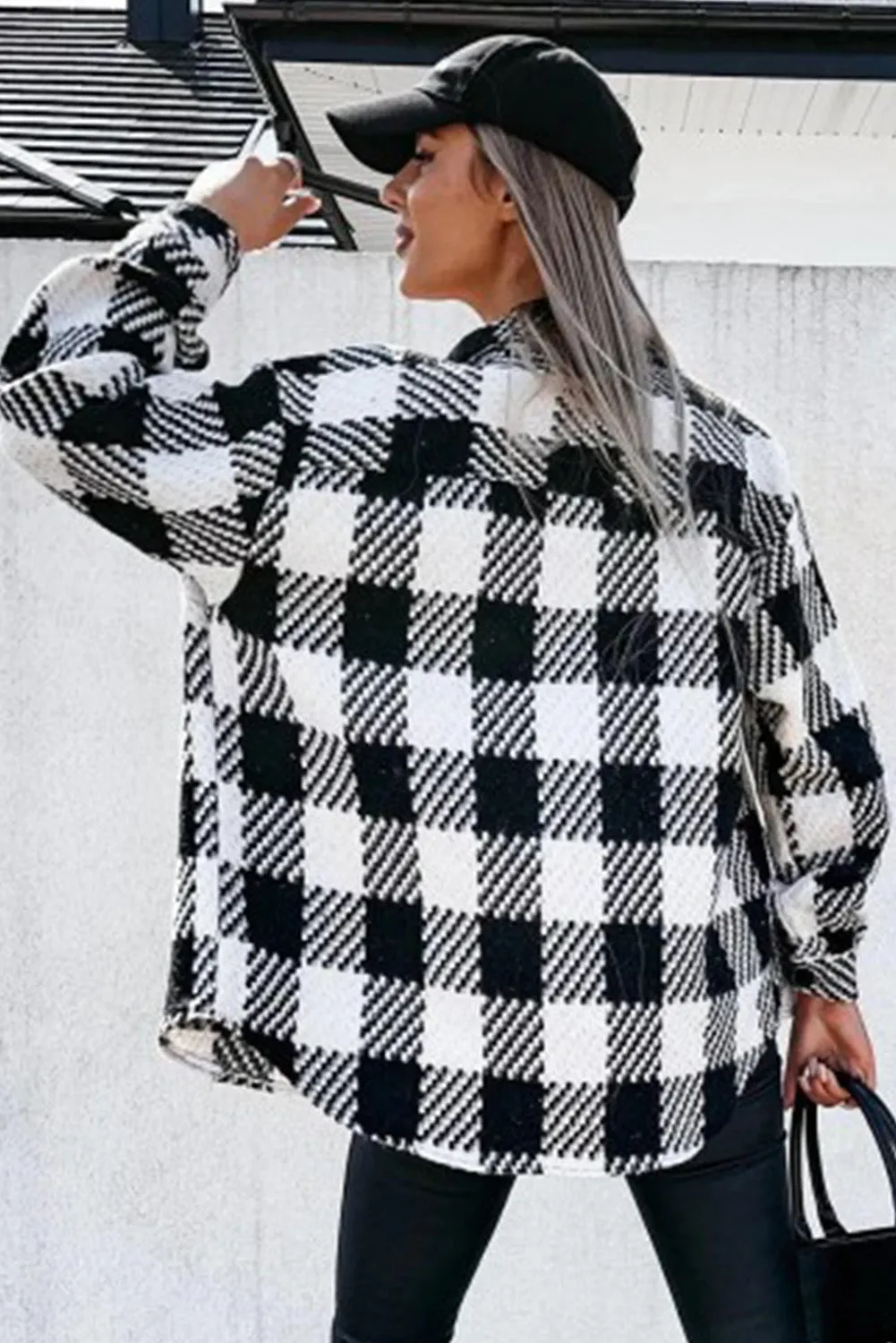 Black Plaid Textured Flap Pocket Shacket