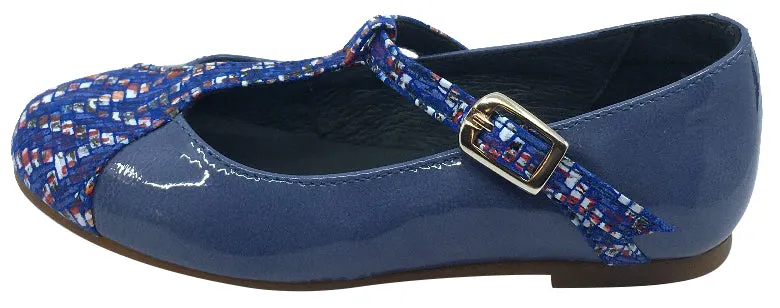 BluBlonc Girl's Denim Blue Patent Leather T-Strap Mosaic Printed Mary Jane Flat Shoe