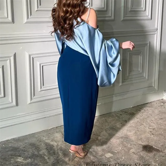 Blue Satin Mermaid Evening Vintage Long Puff Sleeves Dress 070611969 M