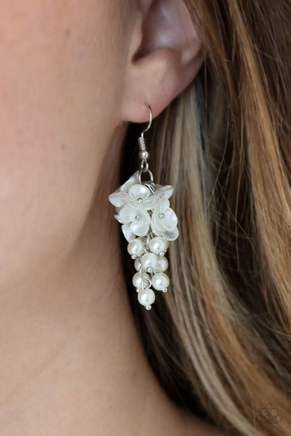 Bountiful Bouquets White Pearl and Flower Earrings - Paparazzi Accessories