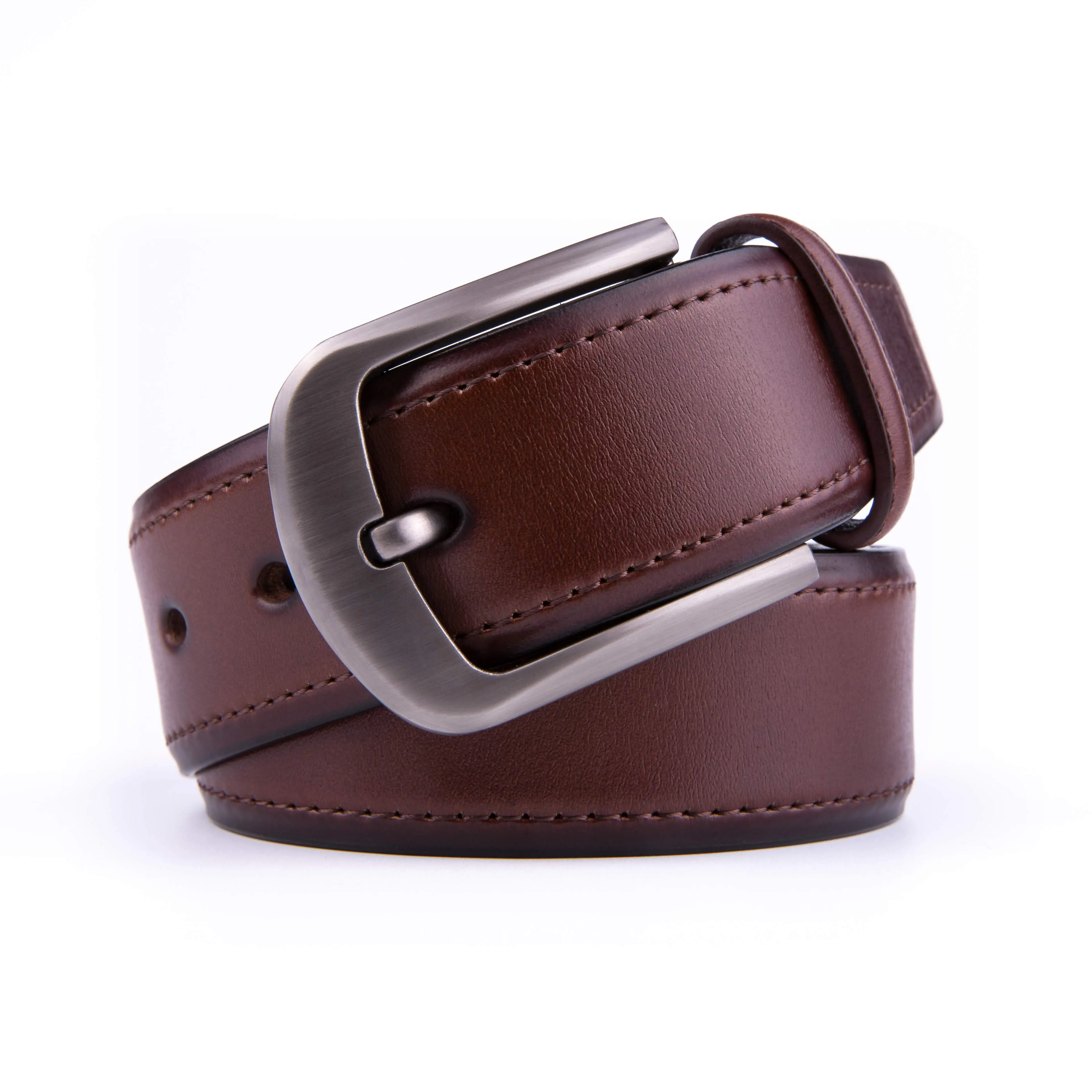 Braveman Men's Classic Genuine Leather Belt with Brushed Silver Buckle