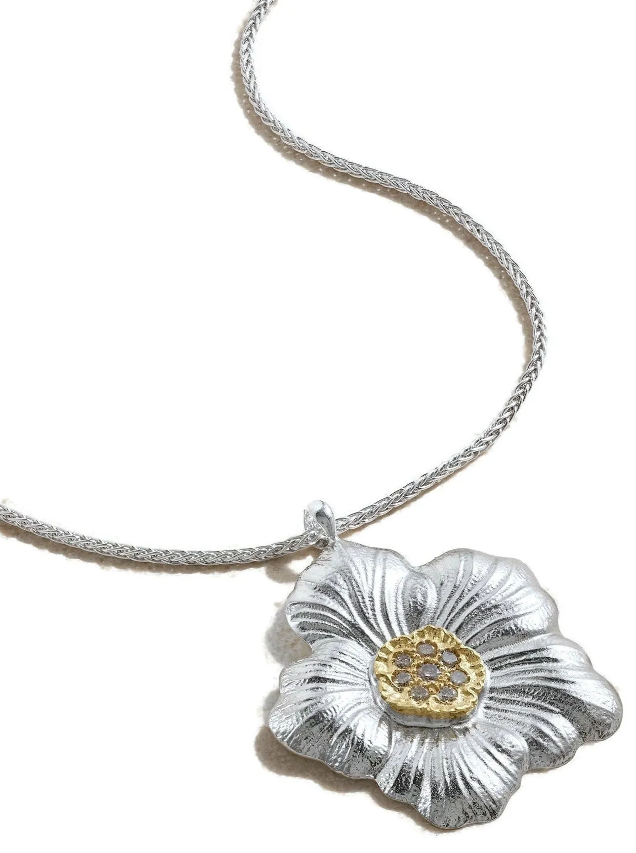 Buccellati - Blossoms Gardenia - Pendant Necklace with Brown Diamonds, Sterling Silver and Gold Accents