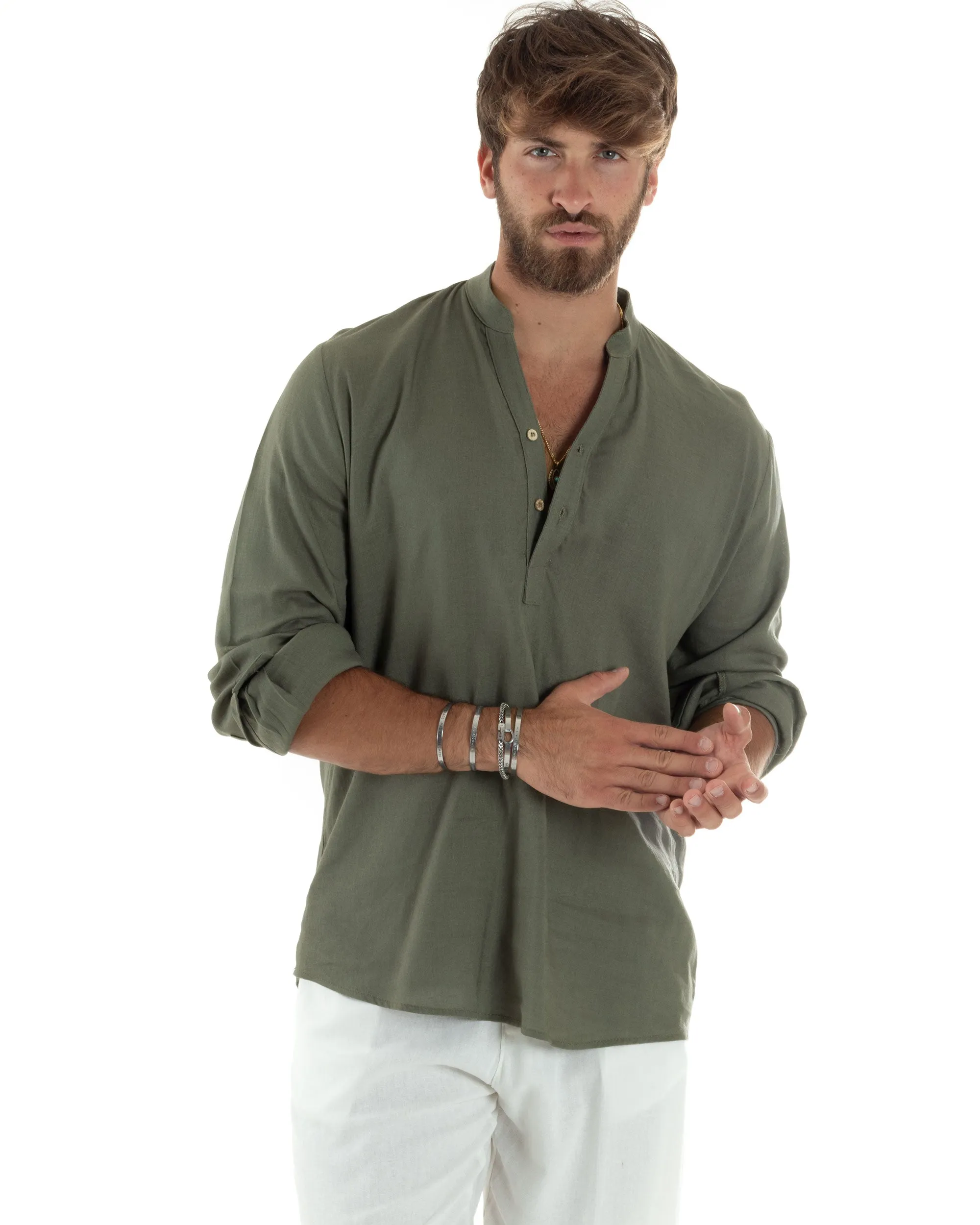 Camicia Maniche Lunghe Uomo Lino Regular Fit Collo Serafino Alla Coreana Casual Tinta Unita Verde GIOSAL-C2863A