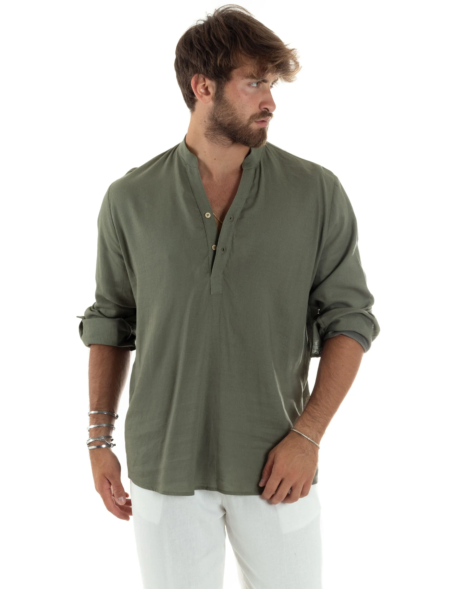 Camicia Maniche Lunghe Uomo Lino Regular Fit Collo Serafino Alla Coreana Casual Tinta Unita Verde GIOSAL-C2863A