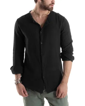 Camicia Uomo Sfrangiata Cotone Lino Manica Lunga Tinta Unita Nero GIOSAL-C2843A