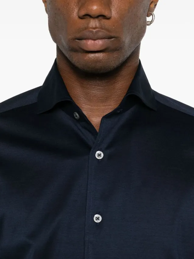 Canali blue cotton jersey slim-fit shirt