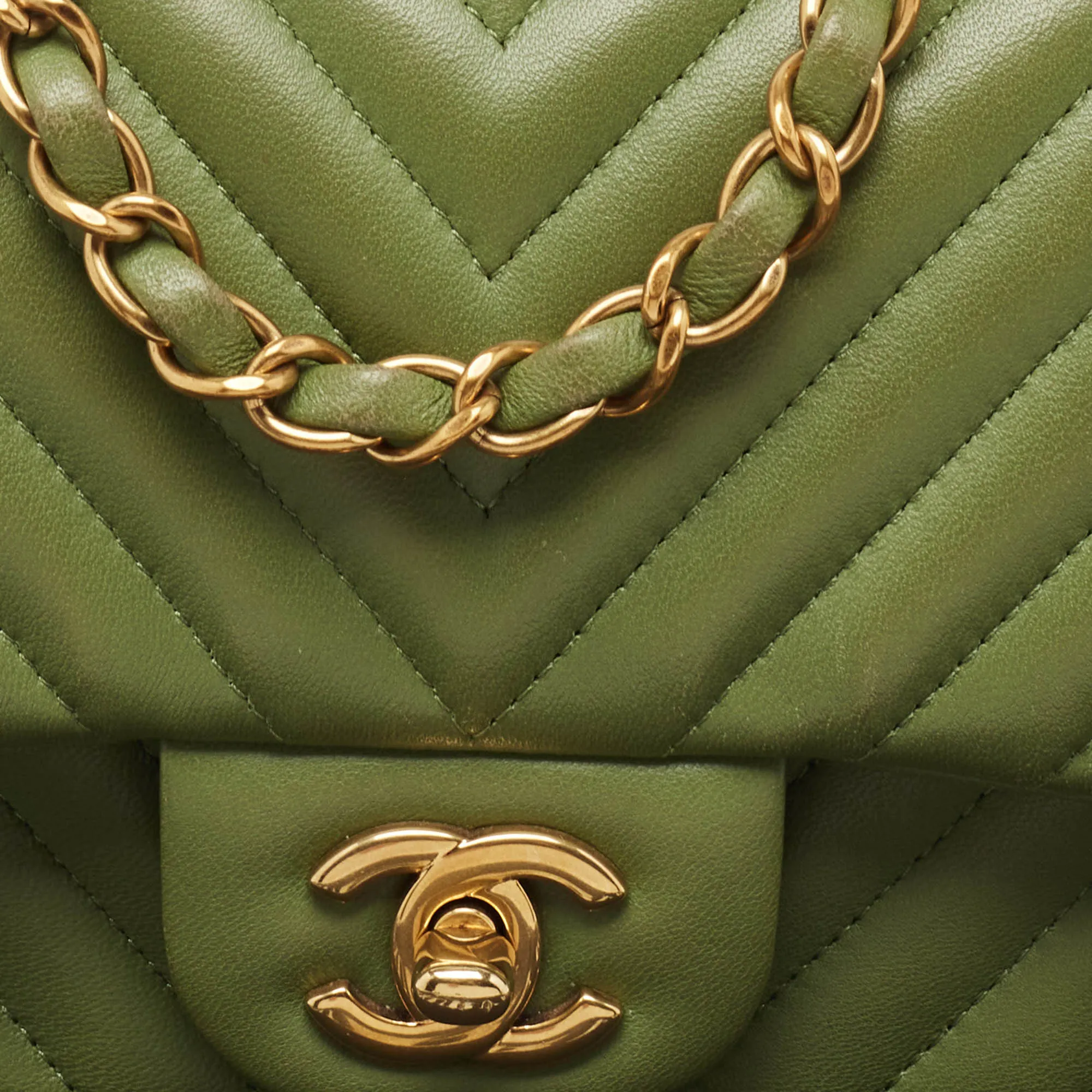 Chanel Olive Chevron Leather Mini Classic Flap Bag