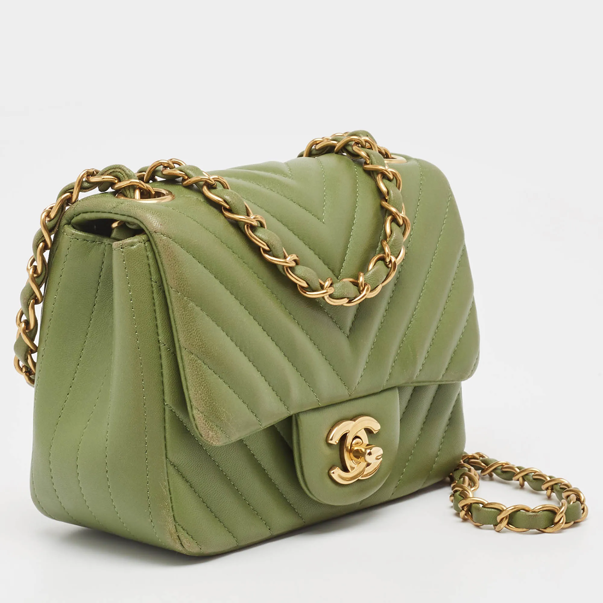 Chanel Olive Chevron Leather Mini Classic Flap Bag