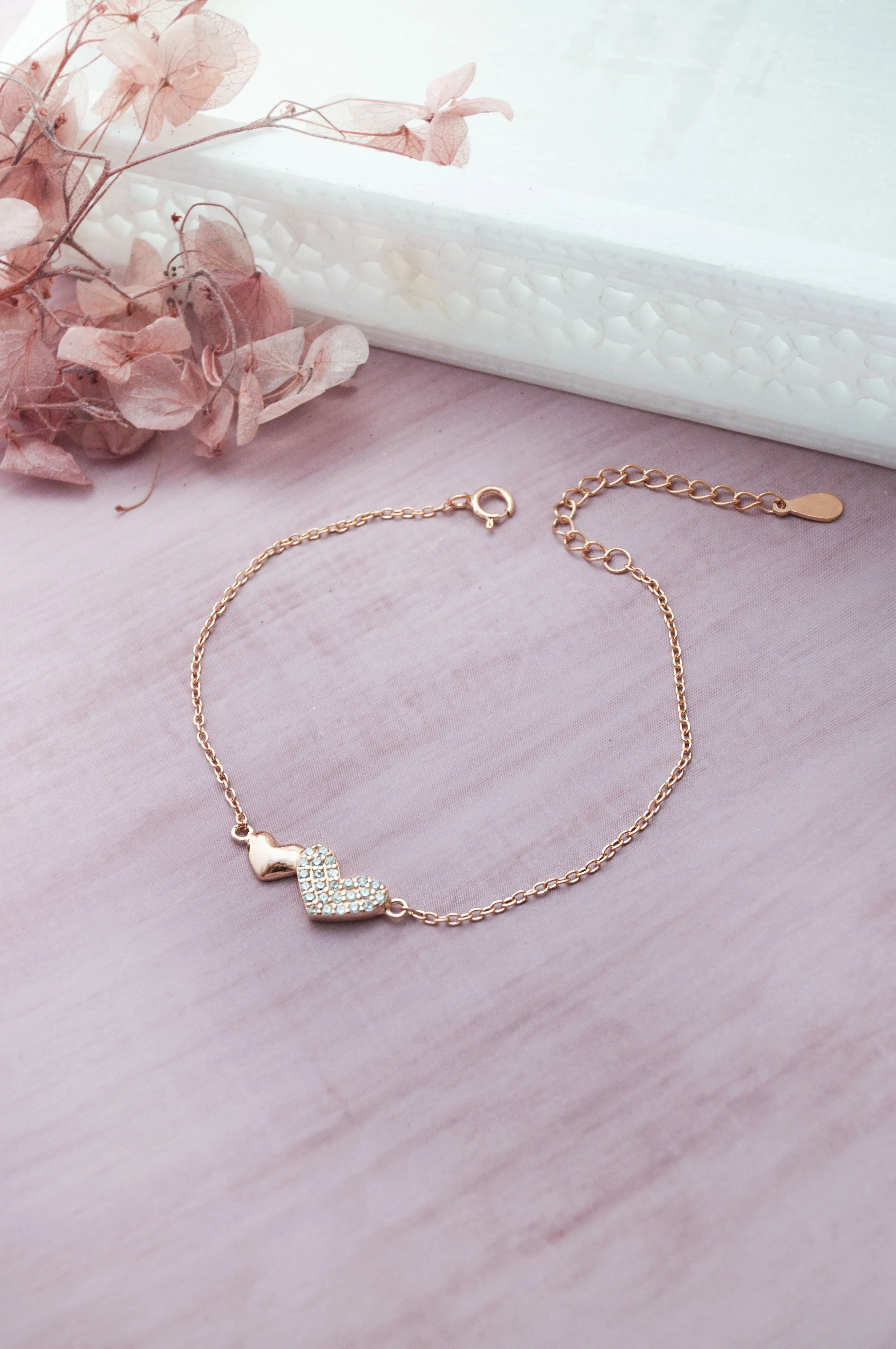 Connecting Hearts Rose Gold Plated Sterling Silver Chain Bracelet