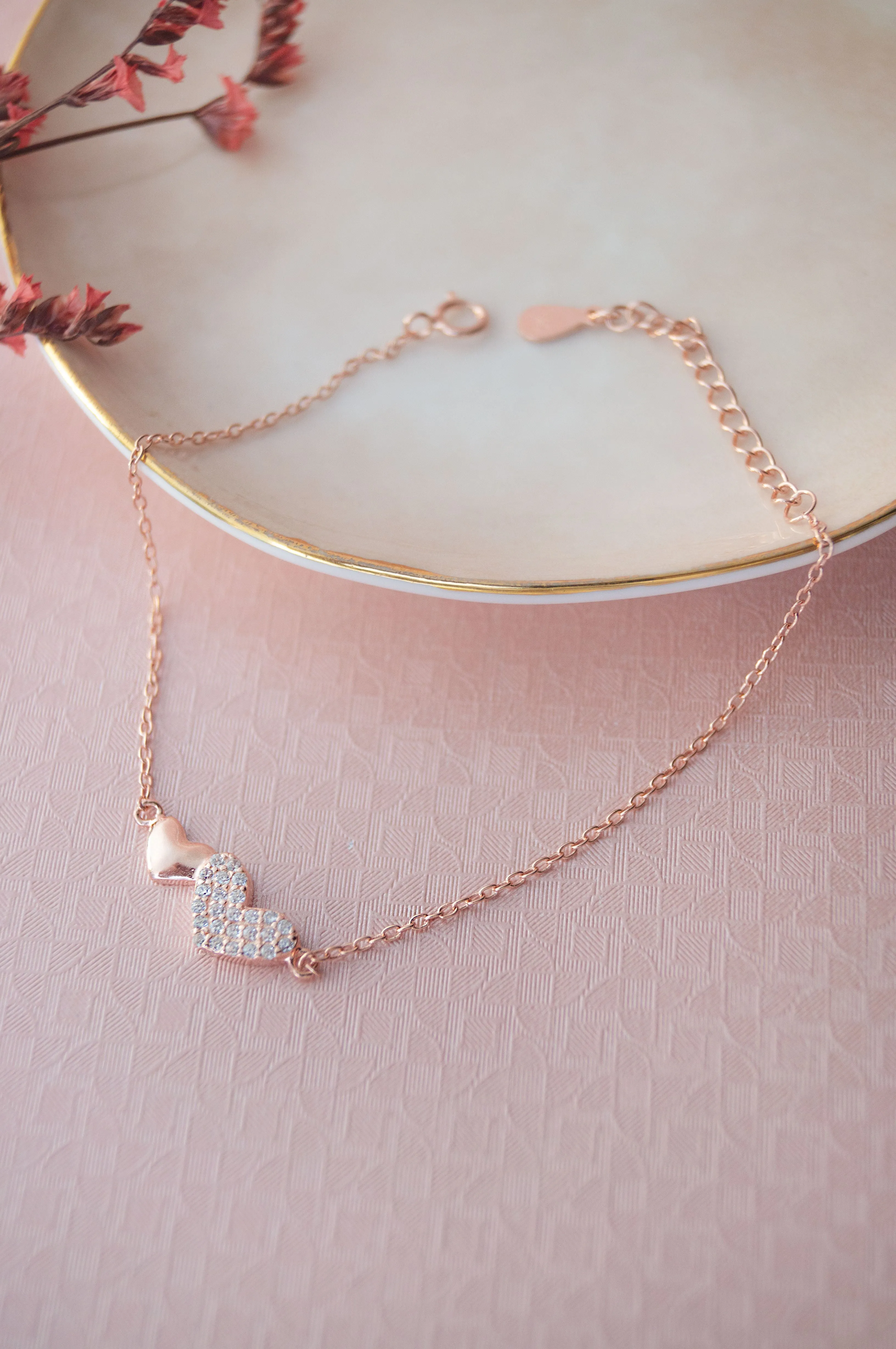 Connecting Hearts Rose Gold Plated Sterling Silver Chain Bracelet