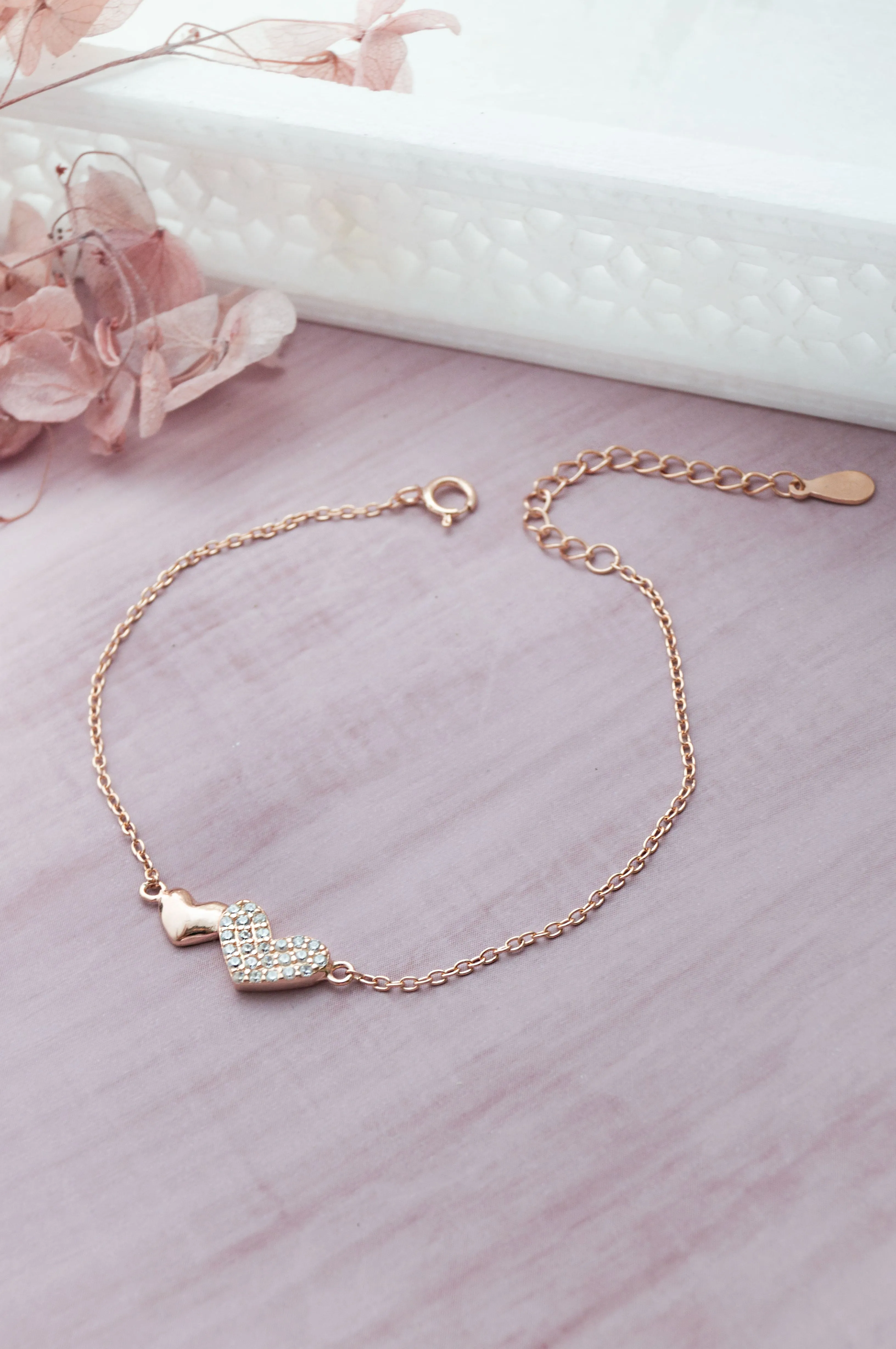 Connecting Hearts Rose Gold Plated Sterling Silver Chain Bracelet