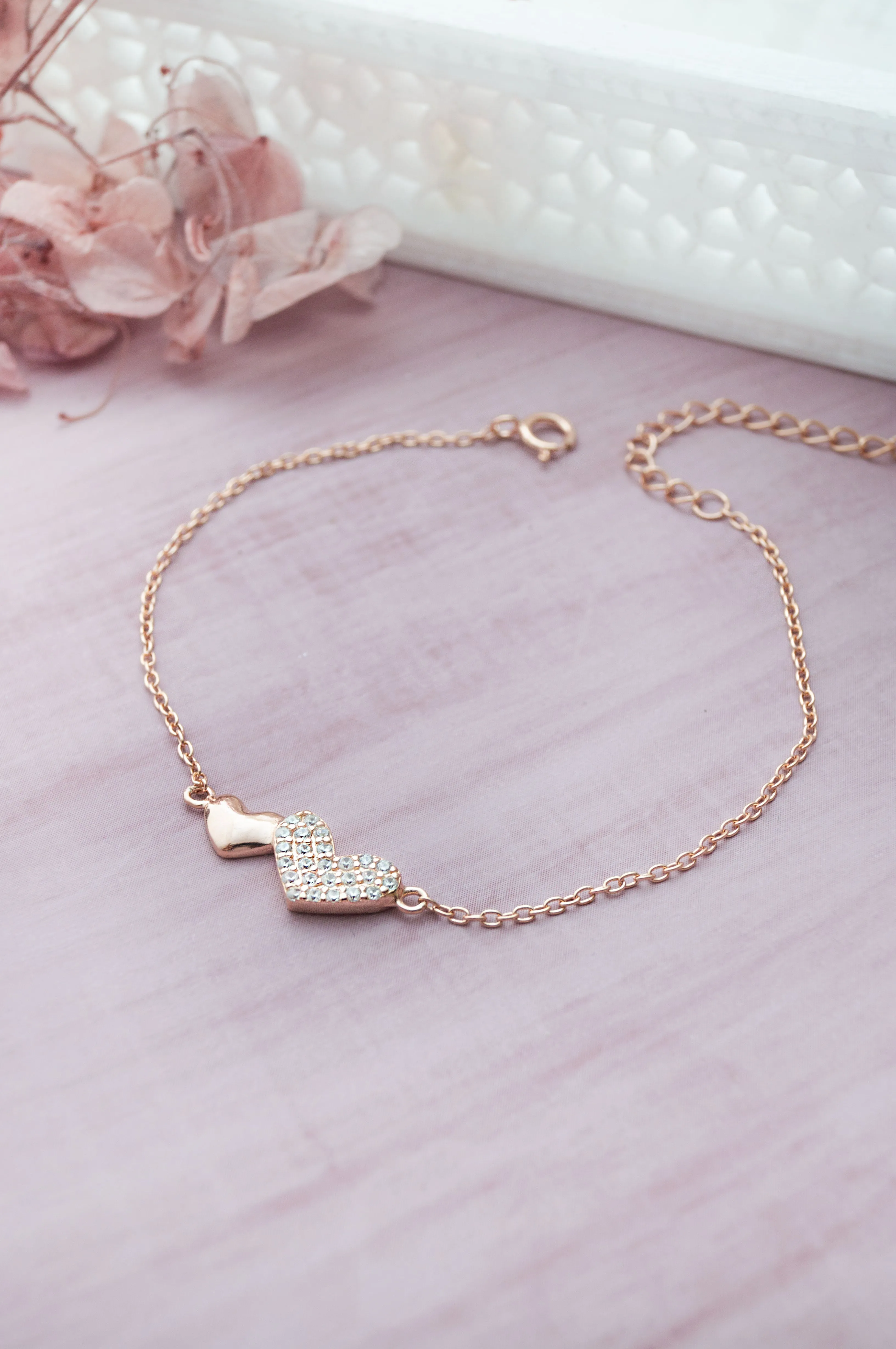 Connecting Hearts Rose Gold Plated Sterling Silver Chain Bracelet