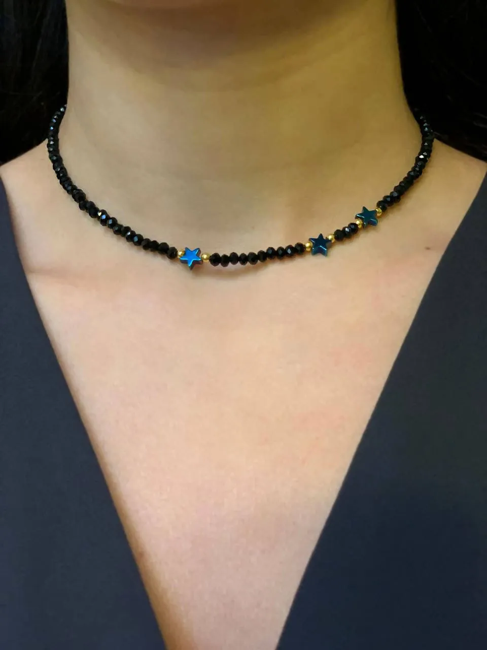 Crystla black choker with 3 blue hematite stars