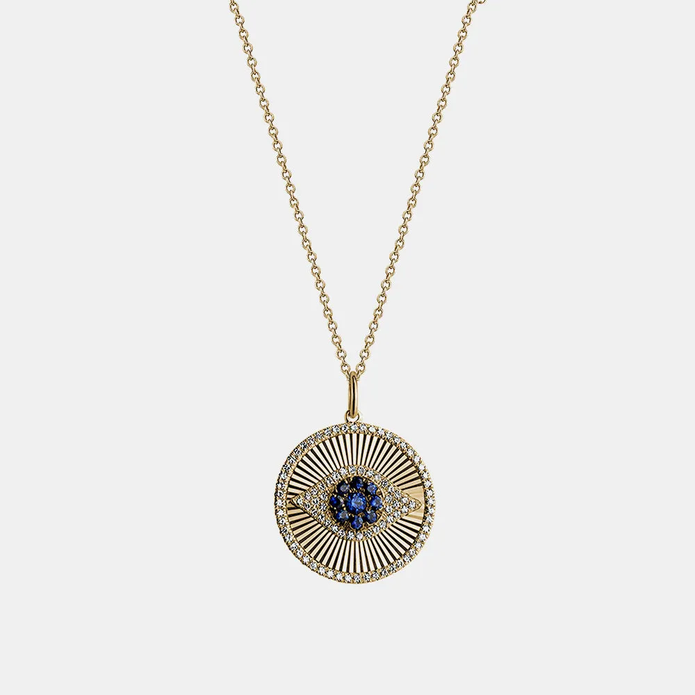 Diamond Blue Sapphire Fluted Evil Eye Medallion