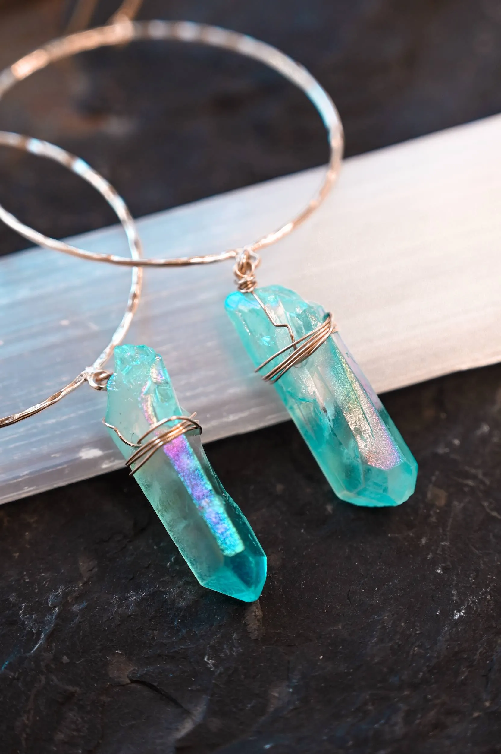 Dreamer Blue Angel Aura Quartz Gold Hoops